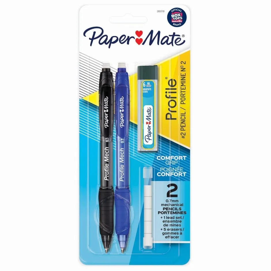 Paper Mate® Profile Mech Mechanical Pencil Set, 0.7 mm #2 Pencil Lead, Great for Home, School, Office Use, Includes Lead Refill and Eraser Refills, Assorted Barrel Colors, 2 Count