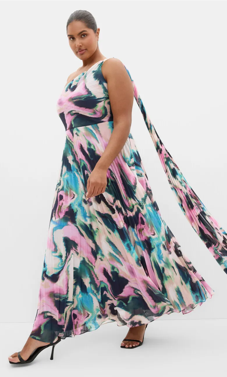 Eloura One Shoulder Rippled Print Maxi Dress - ultra pink
