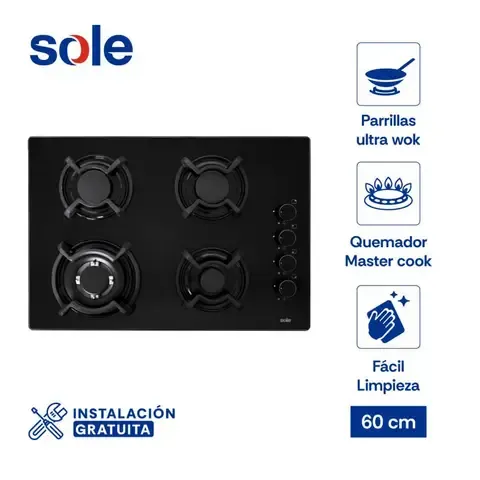 Encimera Empotrable A Gas 4 Hornillas Sole 3120SOLCO047V2 Negro
