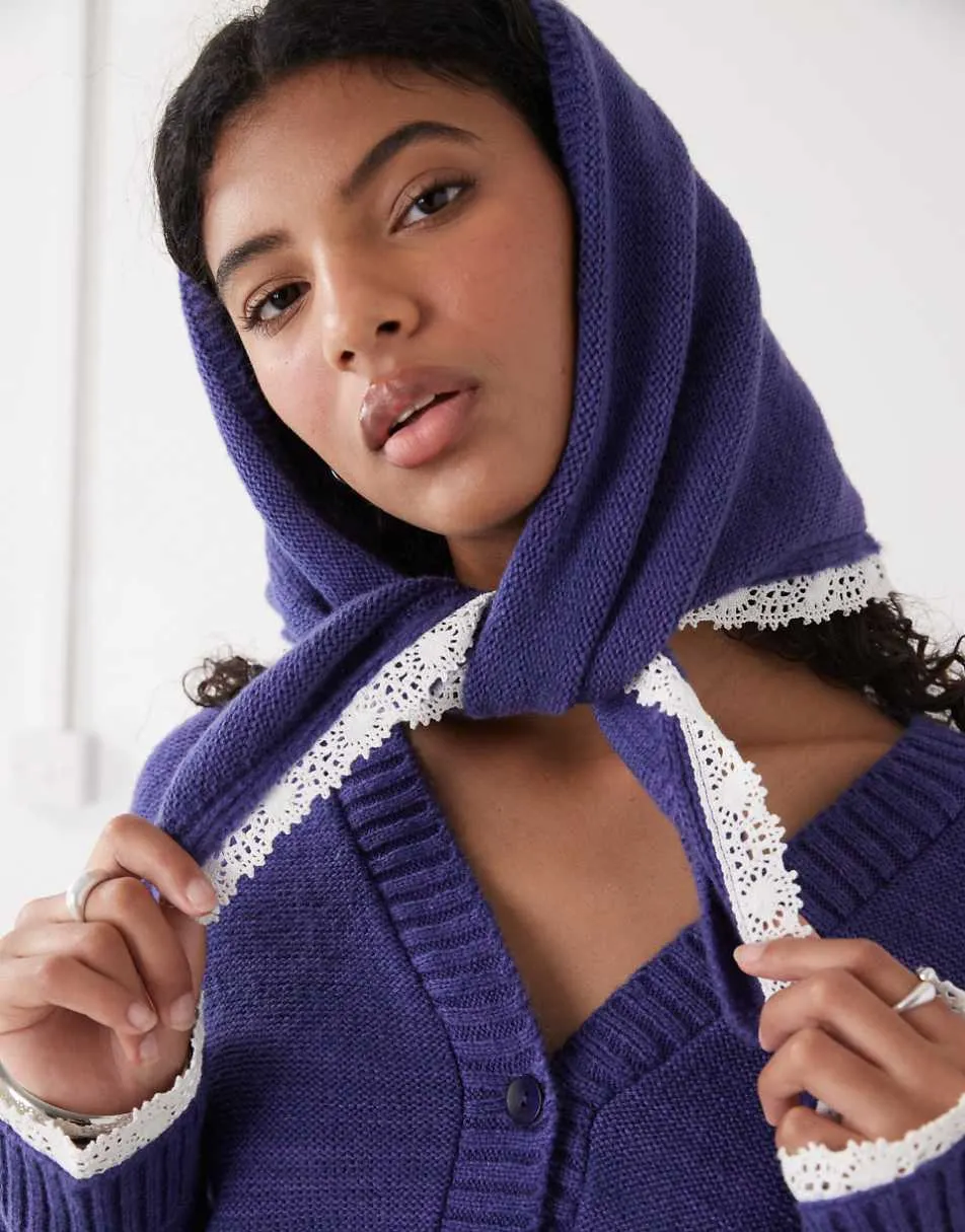 Reclaimed Vintage cropped boxy cardigan with headscarf with crochet trim in navy blue