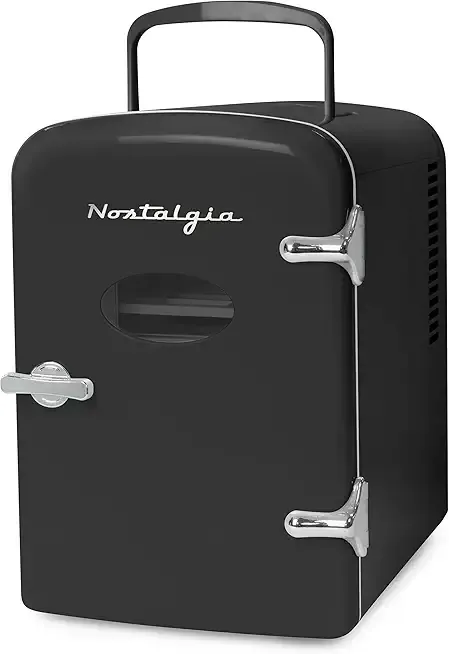 Nostalgia Retro Mini Fridge and Heater 6-Can Capacity, 12-Volt Power Adapter, Carry Handle and Display Window-Perfect for Home, Office, Car, or Dorm Room-Black