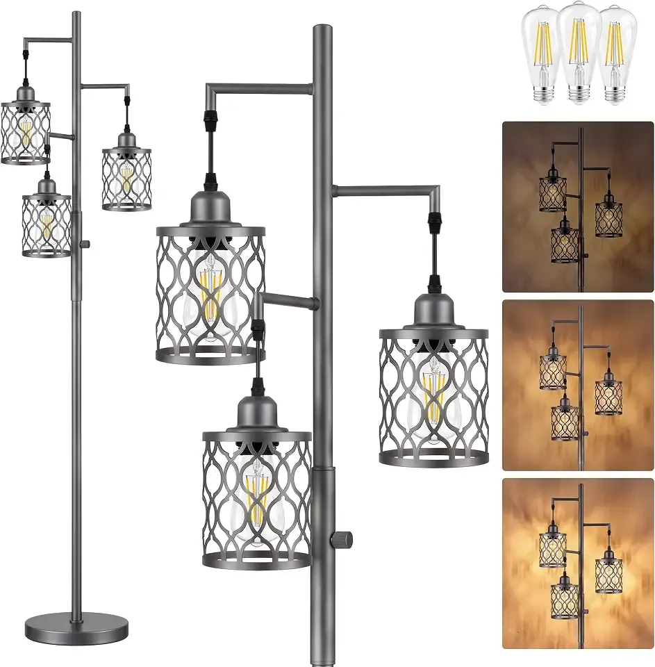 ROTTOGOON Dimmable Floor Lamp, Industrial Standing Floor lamp for Living Room, Tall Farmhouse Rustic lamp with 3 LED Bulbs, Tree Floor Lamp for Bedrooms, Living Room, Home Office, Metal, Grey, 68"