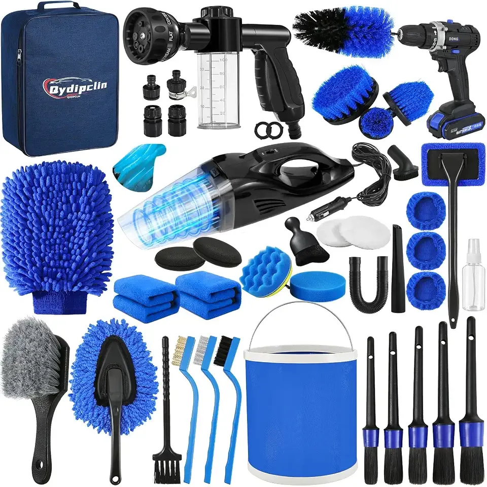 Qydipclin 45Pcs Car Detailing Kit Wash Cleaning Kit Wheel Brush Set Blue | Professional Interior Exterior Car Detail Clean Kit with Drill Brushes