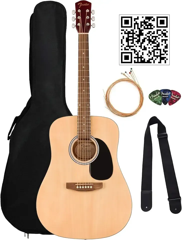 Fender Dreadnought Acoustic Guitar - Natural Bundle with Gig Bag, Strap, Strings, Picks, and Austin Bazaar Instructional Video