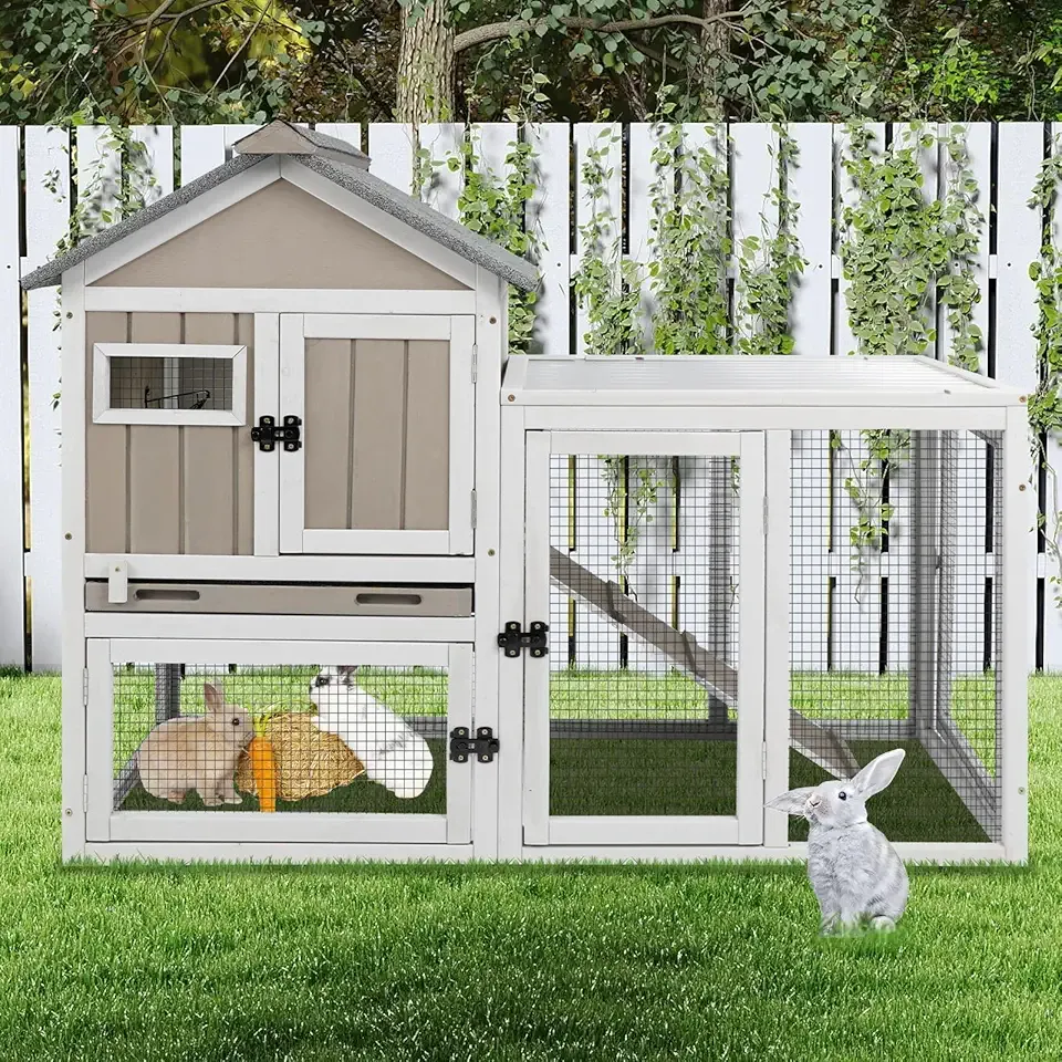 Ketive 48" L Rabbit Hutch Outdoor Indoor Bunny Hutch Weatherproof, 2-Story Wood Rabbit Cage with Deep Tray, Chew-Resistant Ramp, UV Roof, Bunny House for Small Animal, Expandable Guinea Pig Cage