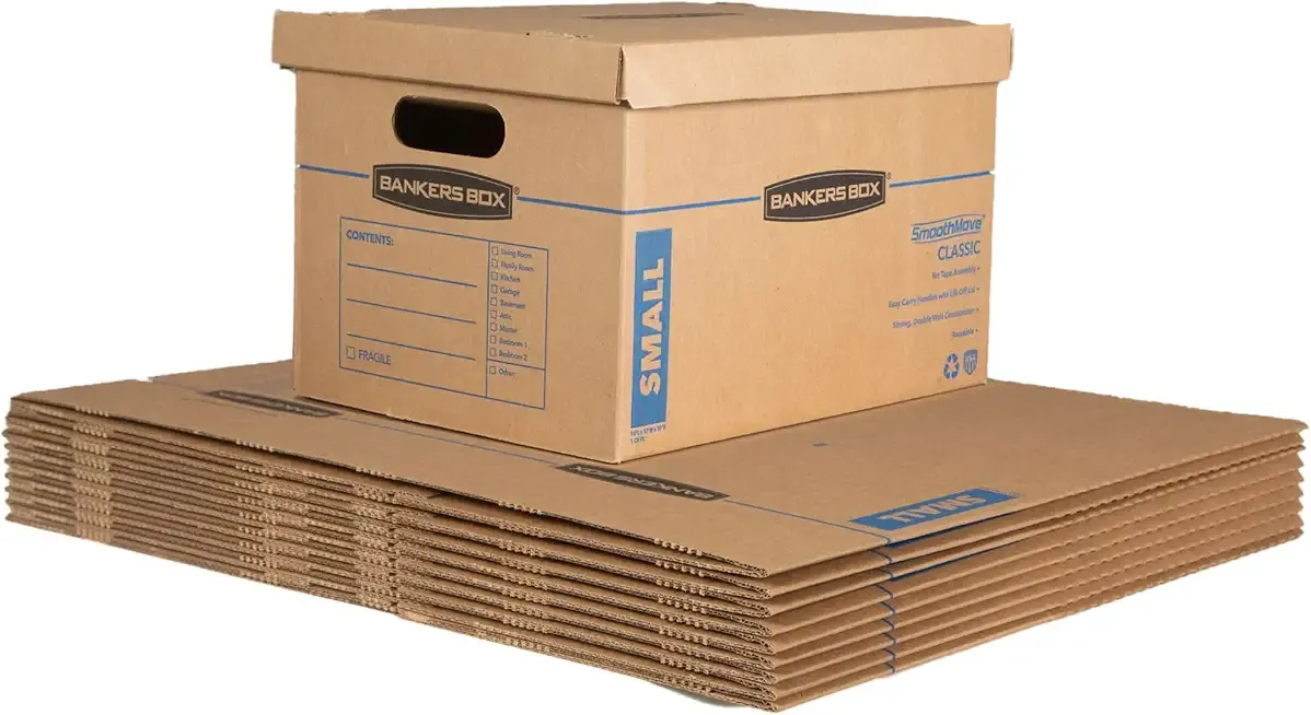 Bankers Box Small Classic Moving Box 10 Pack, Reinforced Handles, Tape-Free Assembly, Box with Lid, 15" x 12" x 10", Cardboard