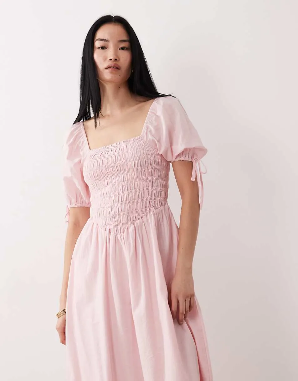 Wednesday's Girl shirred detail midaxi smock dress in dusty pink