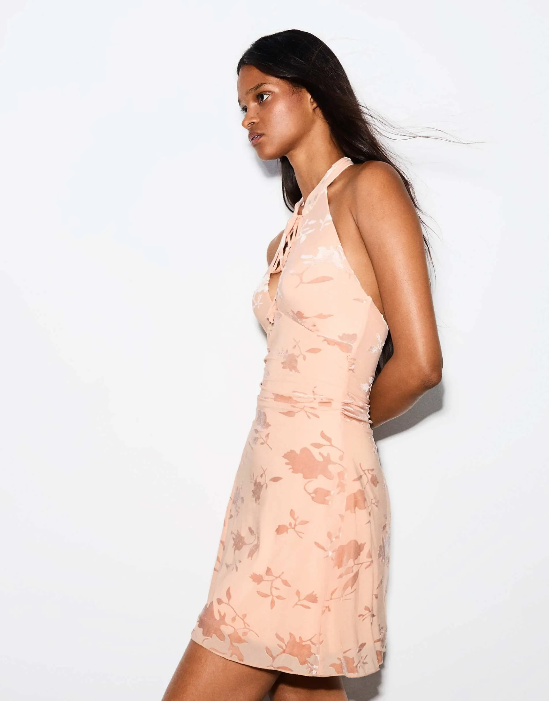 Bershka Flocked tulle halter dress in orange