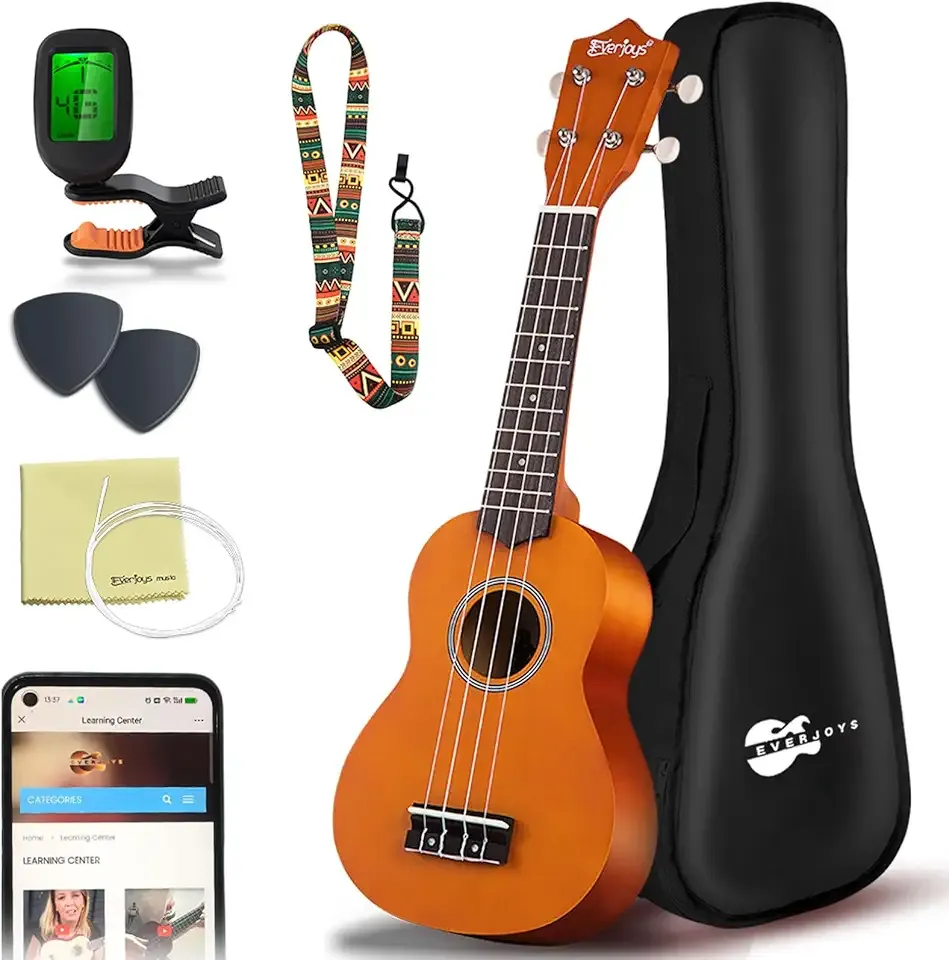 Everjoys Soprano Ukulele Beginner Pack-21 Inch w/Free Online Lesson Gig Bag Digital Tuner Pick All in One Kit