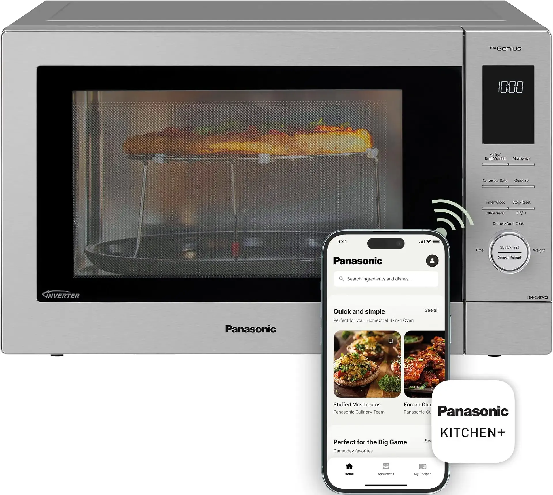 Panasonic HomeChef 4-in-1 Countertop Microwave Air Fryer Combo, Time-Saving 20 Presets + App-Linked Recipes, 1000W 1.2 cu ft Inverter Multi Oven & Convection Tech – NN-CV87QS Stainless Steel