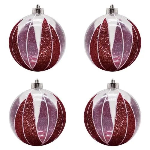 Enchanted Forest® 80mm Dark Red Clear & Glitter Geometric Shatterproof Ornaments - 4 Pack