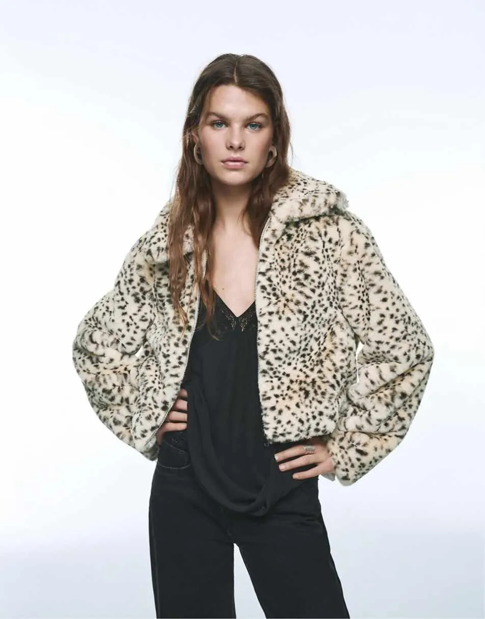 Pull&Bear Faux fur animal print jacket in others