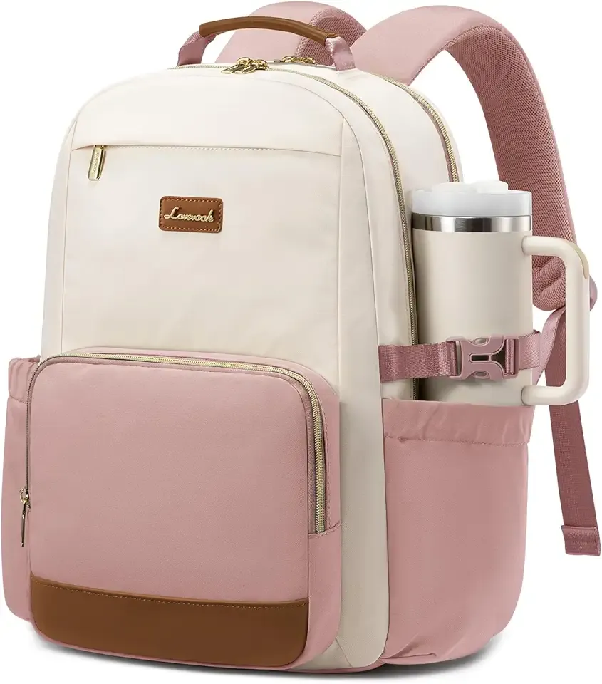 Laptop Backpack for Women with Pouch Pocket for Large Capacity Cup,17 Inch Teacher Nurse College Work Backpack Purse,Waterproof Laptop Bag Computer Back Pack for Travel, Beige-Pink-Brown