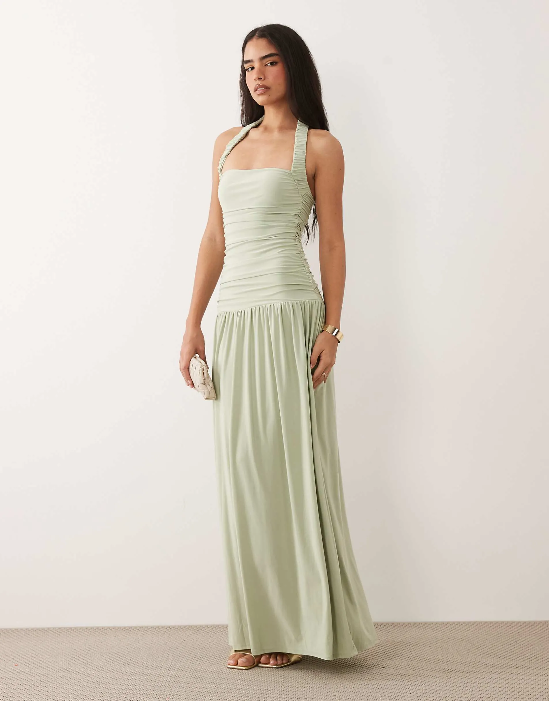ASOS DESIGN soft touch maxi with ruched halter neck in sage green