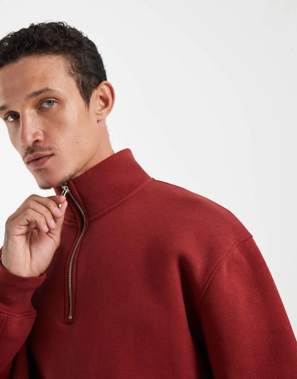 ASOS DESIGN boxy quarter-zip in burgundy