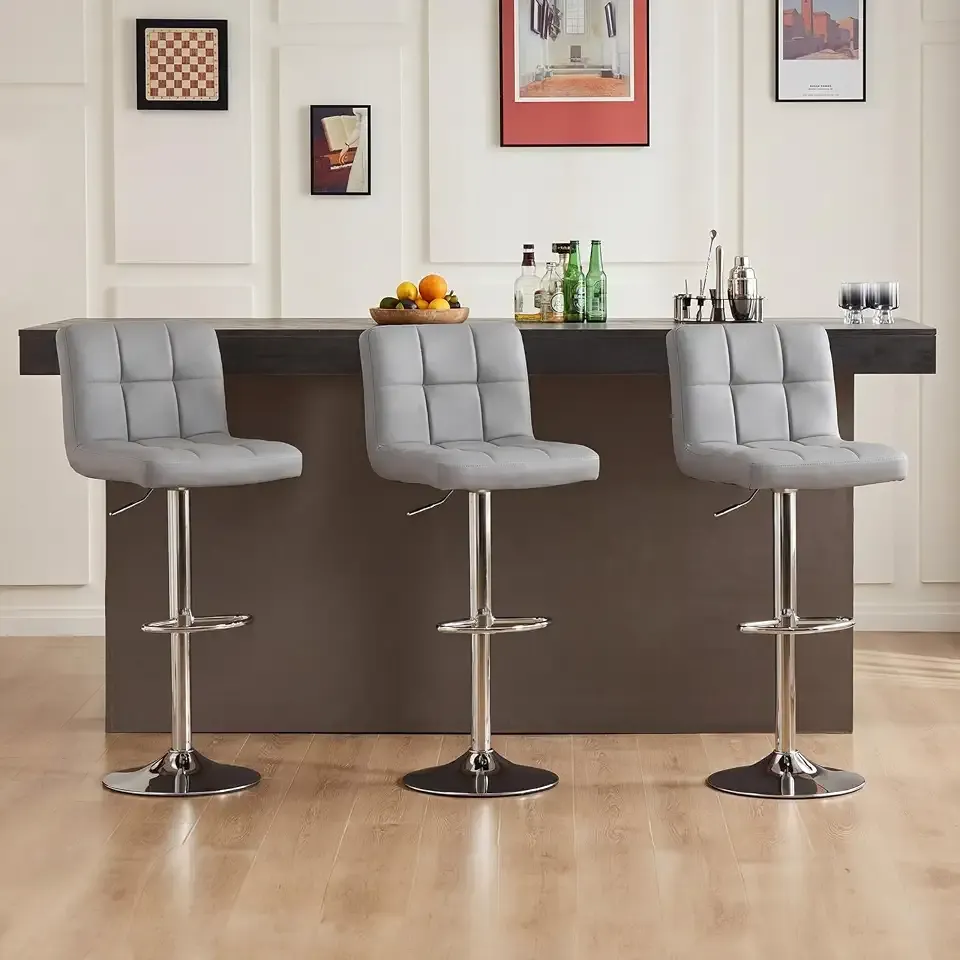 DUMOS Bar Stools Set of 4, 24 inch Counter Height Bar Stools, Upholstered Modern Kitchen Barstools with Metal Base, PU Leather Saddle Stools for Kitchen Island, Grey