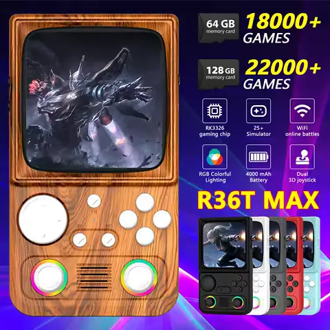 R36T MAX Retro Handheld Game Console 4.0 Inch IPS Screen 720*720 EmuELEC System Built-in 22000+ Games 8-10 Hours Play Time Support WIFI Online Battle RGB Colorful Light Ring Portable Video Game Player