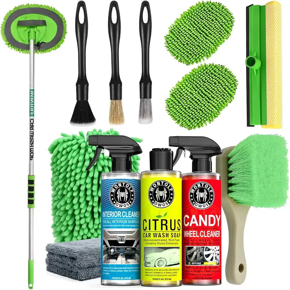Wontolf Car Wash Kit, Car Cleaning Kit with Long Handle Car Wash Brush, Car Wash Soap, Interior Cleaner, Wheel Cleaner, Window Squeegee, Car Interior Detailing Kit for Cars Trucks RVs SUVs