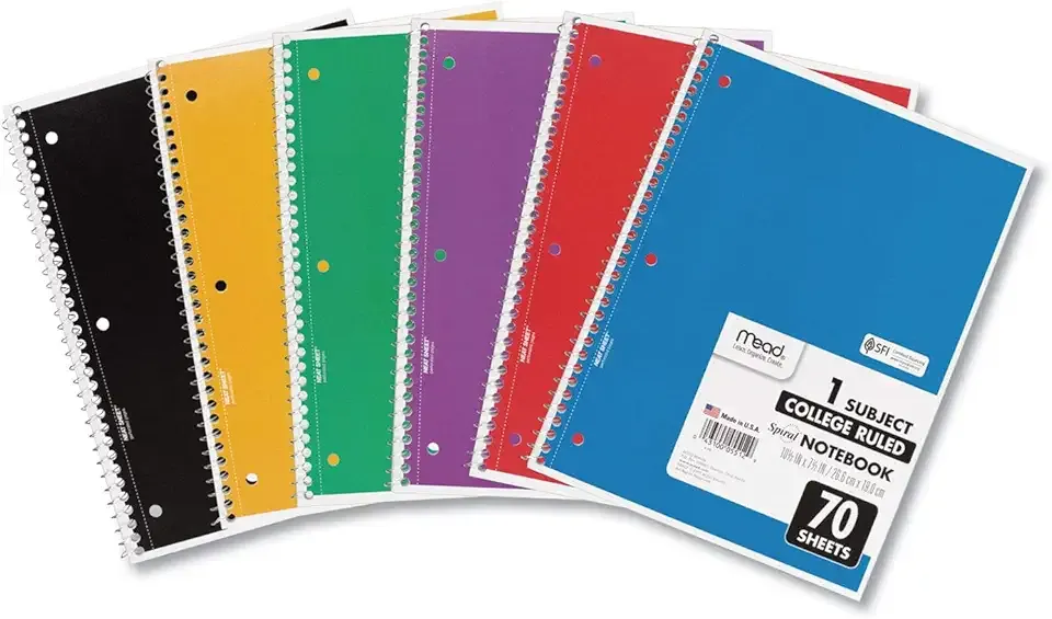 Mead Spiral Notebook, 6 Pack, 1 Subject, College Ruled Paper, 7-1/2" x 10-1/2", 70 Sheets per Notebook, Colors Will Vary (830062-ECM25)