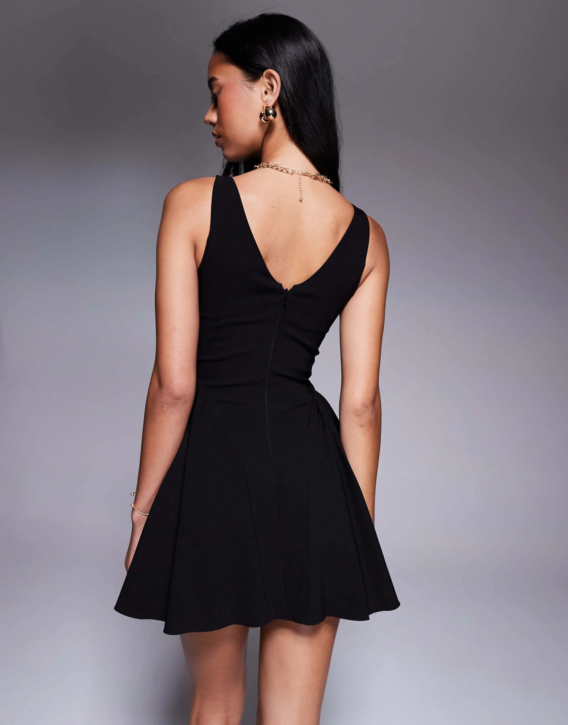 ASOS DESIGN bengaline scoop neck structured flippy mini dress in black
