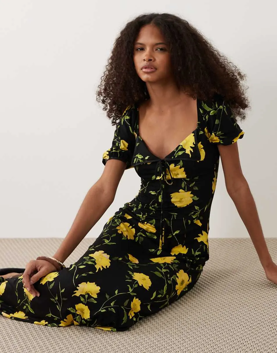 ASOS DESIGN scalloped collar puff sleeve seam detail maxi tea dress in dark floral print
