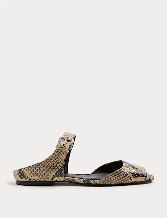 Leather Snake Print Buckle Flat Sandals