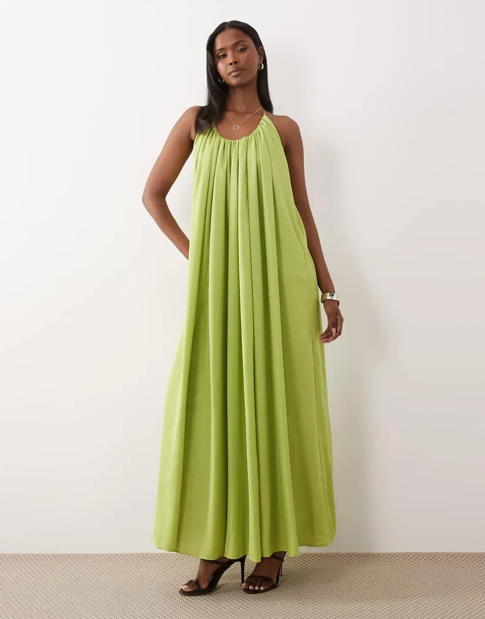 ASOS DESIGN trapeze scoop neck maxi dress with beaded back detail in olive green
