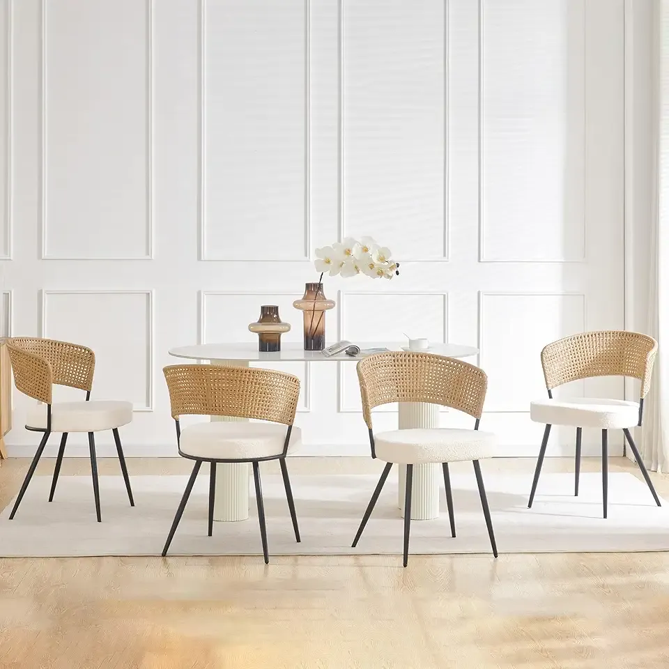 Rattan Dining Chairs Set of 4, Dining Chairs Set of 4 with PE Rattan Back,Upholstered Cane Back Kitchen Chair with Boucle Cushion,Dining Room Seat with Metal Legs for Kitchen, Bedroom