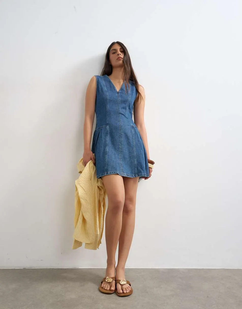 Topshop denim pleated side down mini dress rich blue