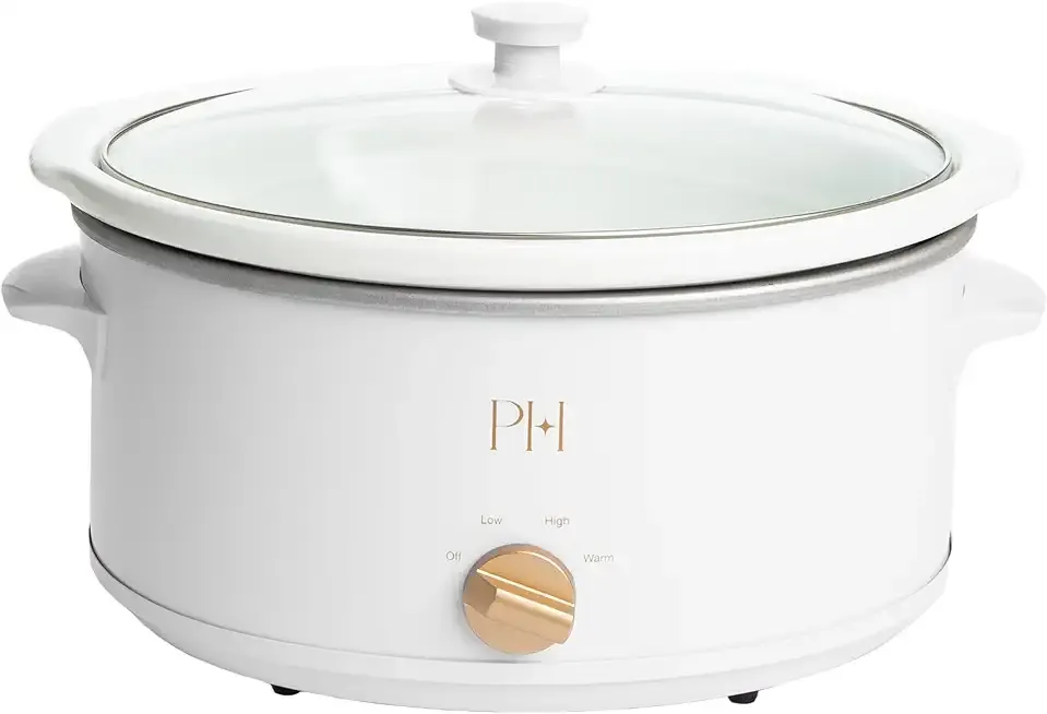Paris Hilton 6-Quart Manual Slow Cooker, Features Three Settings (Low, High, Warm), Naturally Nonstick and Dishwasher Safe Stoneware Insert, Family Sized Capacity, White