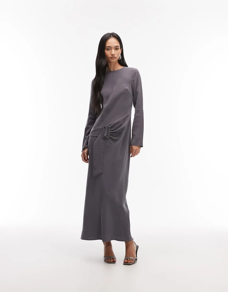 ASOS DESIGN slash neck drop waist belted maxi dress in charcoal grey