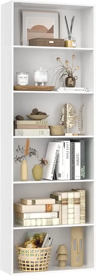 6-Tier Open Bookcase and Bookshelf, Freestanding Display Storage Shelves Tall Bookcase for Bedroom, Living Room and Office, White