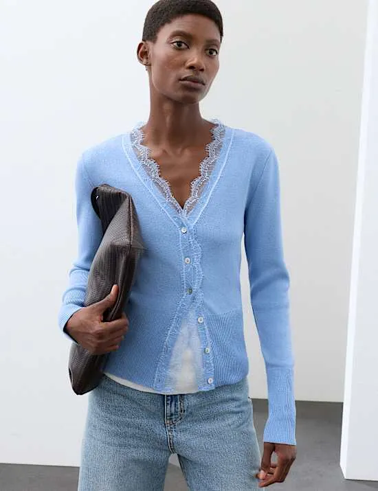 V-Neck Button Front Lace Detail Cardigan