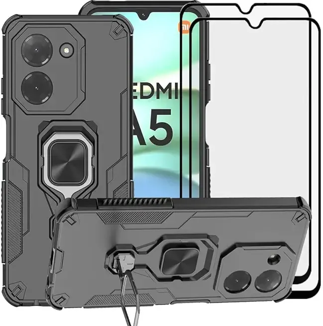 for Xiaomi Redmi A5 4G / Xiaomi Poco C71 Case, 2 in 1 Hybrid Heavy Duty Armor Shockproof Defender Kickstand Dual Layer Bumper Hard Back Case Cover Tempered Glass Screen Protector，Black