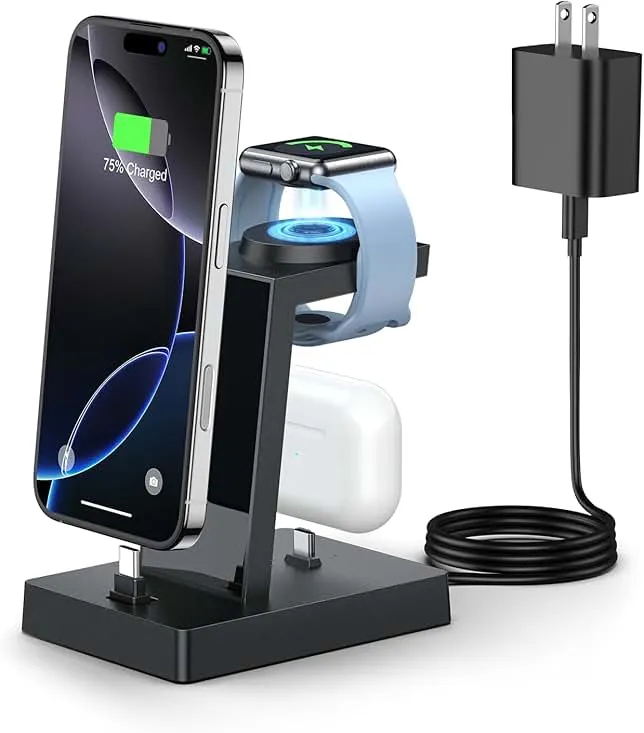 30W Fast 3 in 1 Charging Station for Apple Devices - ADADPU USB C Charger Stand for iPhone 17 16 15 Pro Max Plus & AirPods 4,Wireless Charger Dock Comp…