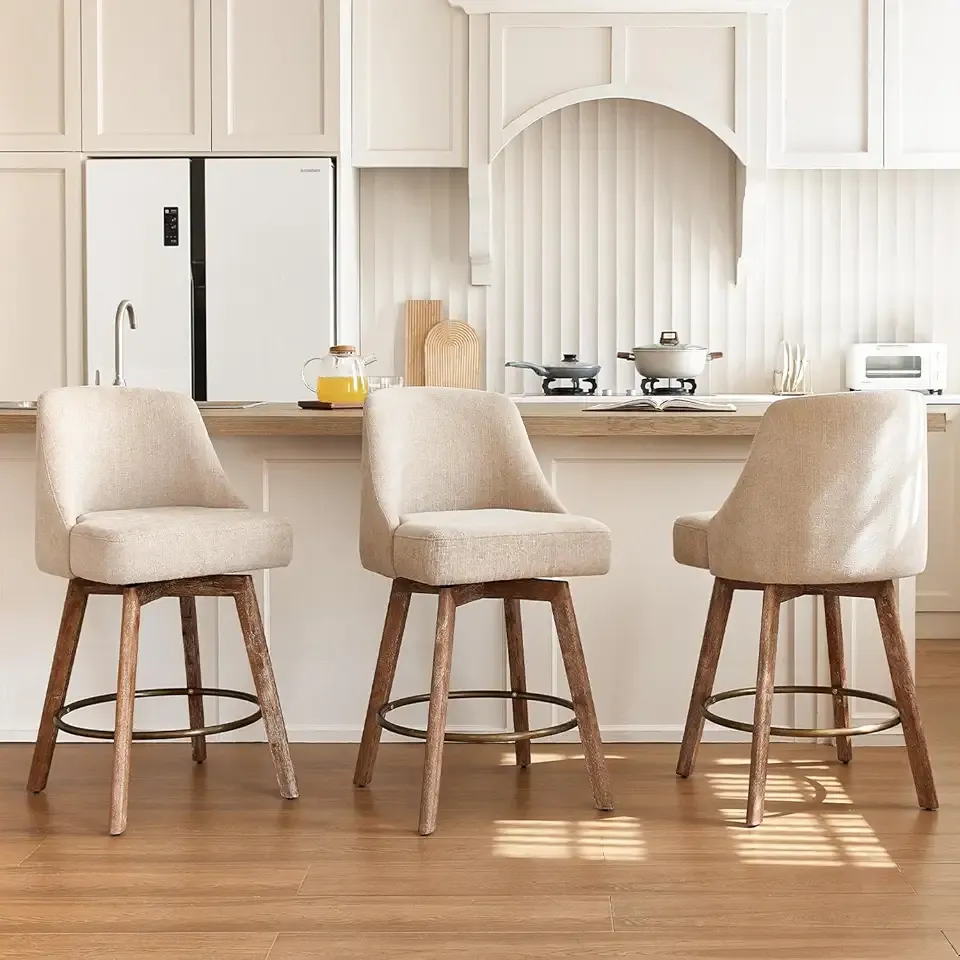IWOOD Mid Century Modern Counter Height Bar Stools Set of 3,360° Swivel Barstools with Solid Wood Legs,26'' Island Chairs with Wrap-Around Backrest,Sand Linen Comfort Fabric