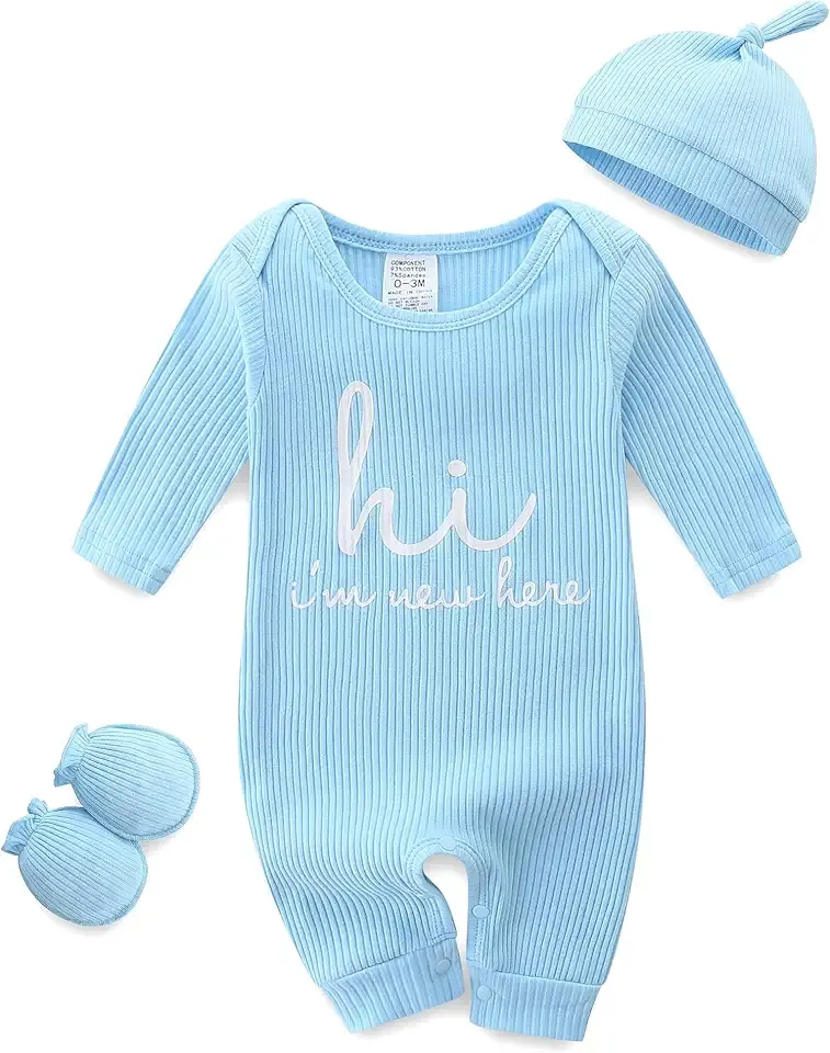 Baby Romper with Baby Mittens & Newborn Hats Footless Long Sleeve Solid Onesie Hi Im New Here