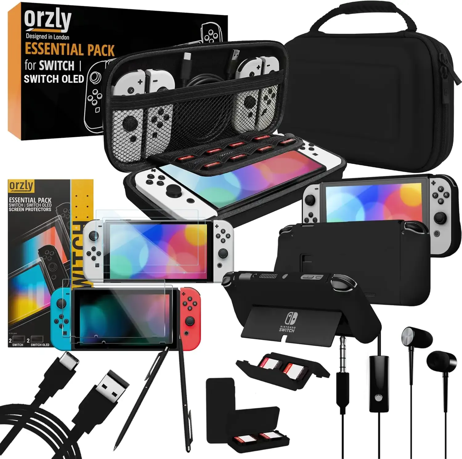 Orzly Switch 1 / Switch OLED Accessories Bundle – Case & Screen Protector for Nintendo Switch 1 (2017-2024 Console) Charge Cable, Game Holder, Comfort Grip Case, Headphones & More – Gift Box Edition