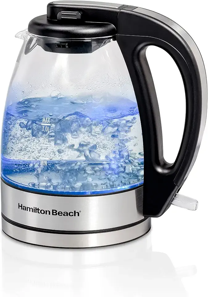 Hamilton Beach Glass Electric Tea Kettle, Water Boiler & Heater, 1 Liter, 1500 Watts for Fast Boiling, BPA Free, Cordless Serving, Auto-Shutoff & Boil-Dry Protection, Soft Blue LED (40930)