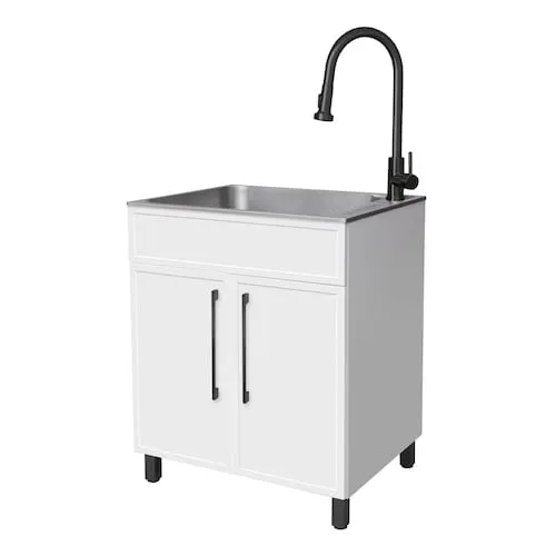 W28 in. X D22 in. Stainless Steel Utility Sink with Pull-down Faucet and Cabinet in Matte White