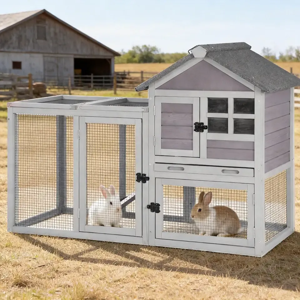 Aivituvin Two-Tier Rabbit Hutch Outdoor Bunny Cage Indoor with Weatherproof Roof Rabbit Cage with Chew-Proof Ramp and Pull-Out Tray for for Small Animals Grey
