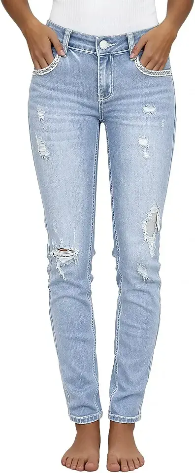 Womens Mid Rise Ripped Curvy Skinny Jeans
