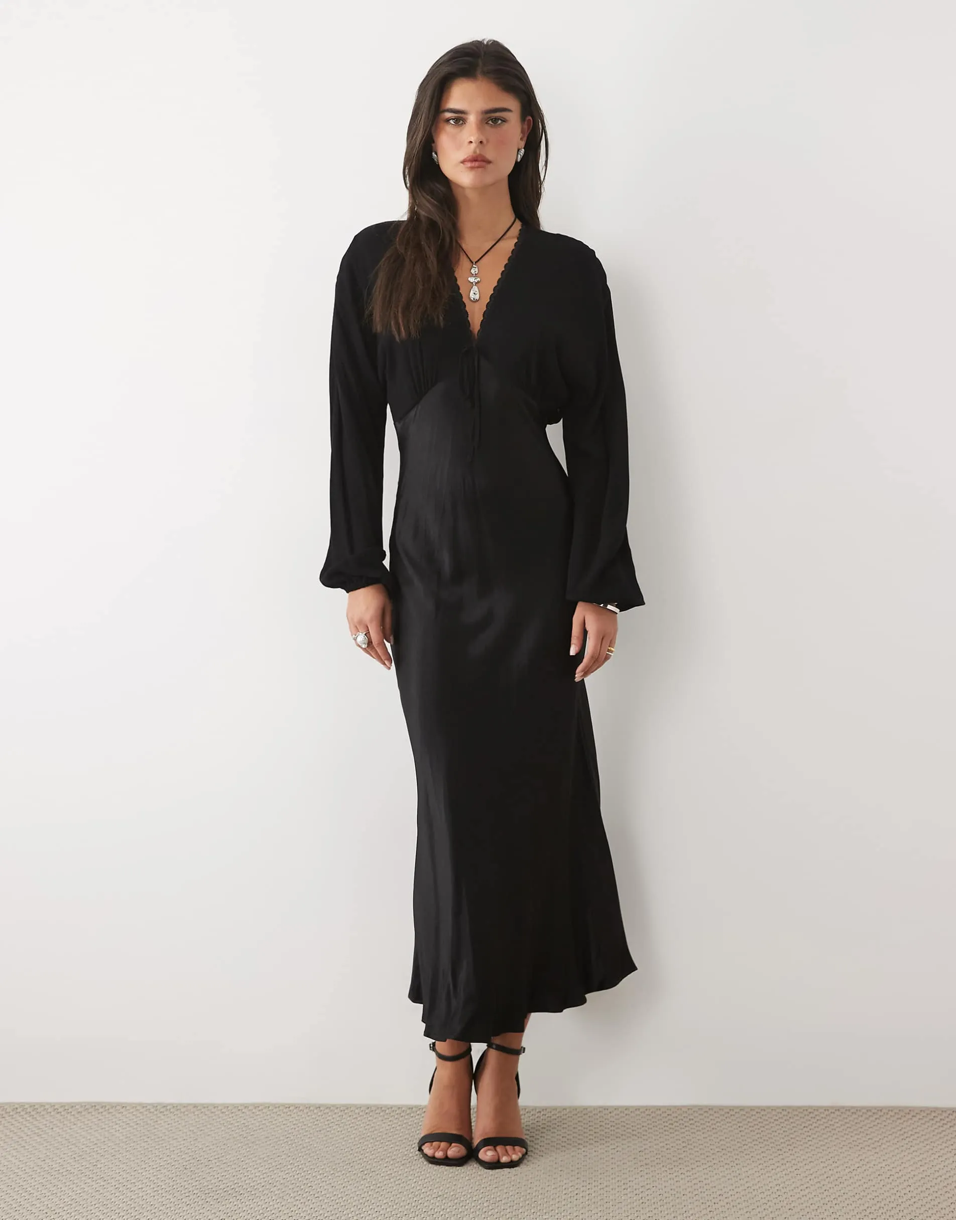 Nobody's Child Linda chiffon plunge neck contrast satin skirt midi dress in black