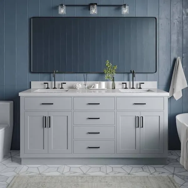 ARIEL Hepburn 72 in. Double Sink Freestanding Bathroom Vanity in Gray with Carrara White Quartz Top