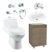 Combo Smart: Sanitario Smart Redondo Blanco De Una Pieza + Mueble Esencial A Piso De 55 Cm, Con Lavamanos Marcella + Grifería Koral + Accesorios Ródano 4 Piezas Corona