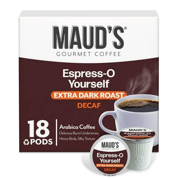 Maud's Decaf Espresso Roast Coffee Pods, 18 ct, Decaffeinated Dark Roast Recyclable Single Serve Pods – 100% Arabica Coffee, Compatible with Keurig K Cups Maker