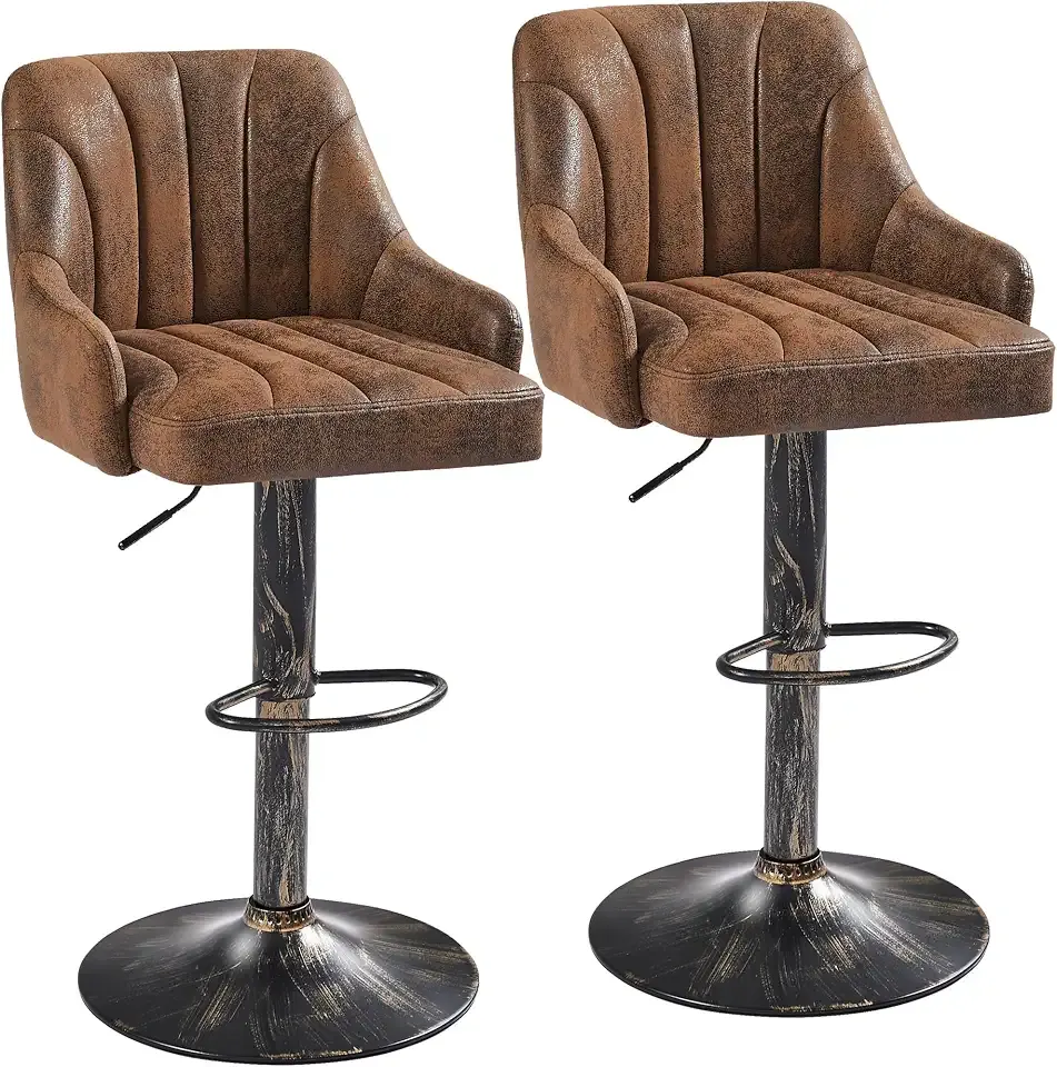 VECELO Bar Stools Set of 2, Adjustable Counter Height Barstools with Back and Arm, Swivel Bar Chair Stools for Kitchen Counter Island Cafe Dining Room, Industrial Style, Brown