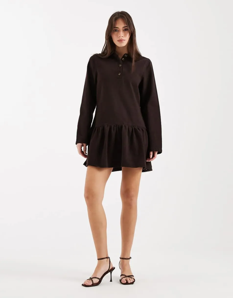 ASOS DESIGN denim drop waist mini dress in long sleeve in brown