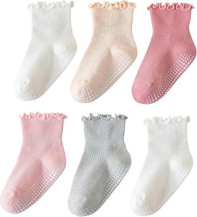 ANYANIME 6 Pairs Toddler Ruffle Socks for Girls Baby Grip Socks Non Slip Socks Cute Grippy Frilly