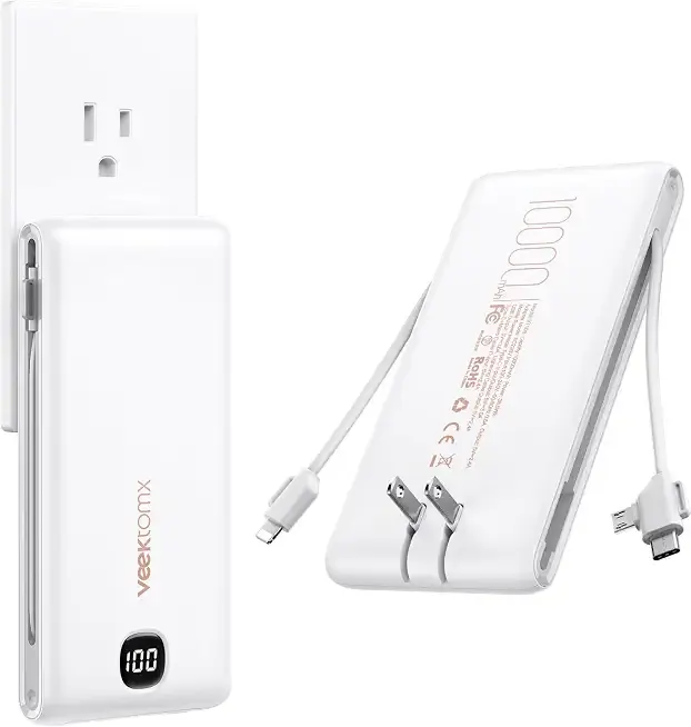 VEEKTOMX Portable Charger with Built-in Cables and AC Wall Plug, 10000mAh